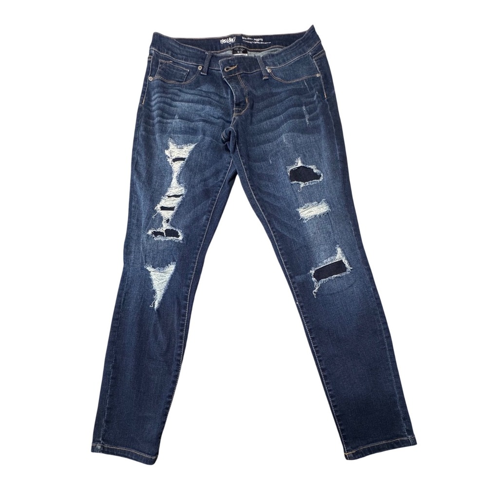 Mossimo Jegging Womens 10/30 Distressed Patched Power Stretch Denim Dark‎ Blue